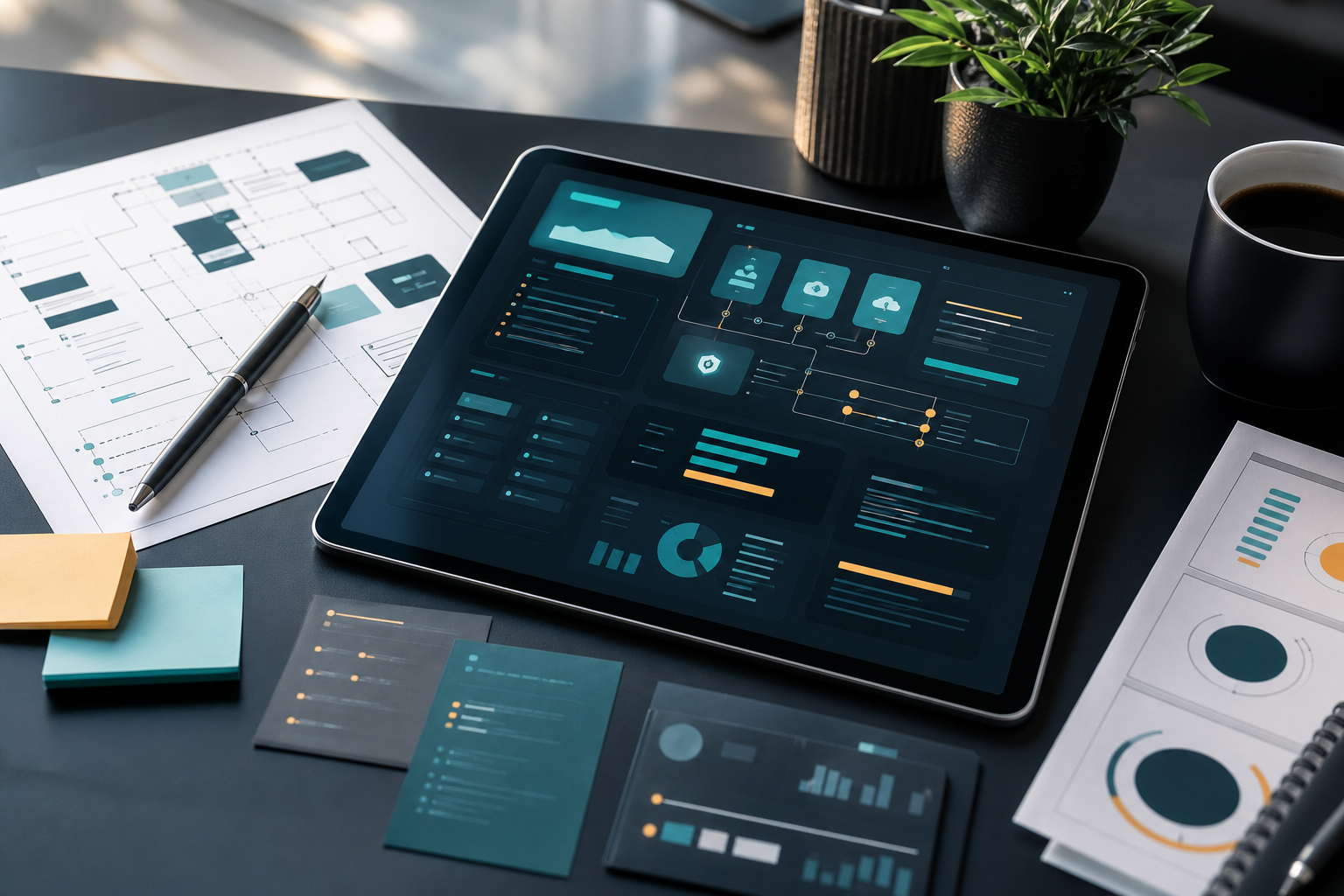 Tableau de bord numérique et carte de projet sur tablette